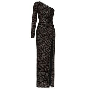 ML Monique Lhuillier Dress Womens 6 Black One Shoulder Sequin Slit Maxi Gown
